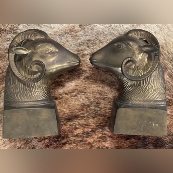 Vintage Midcentury Brass Ram / Goat Head Bookends MCM